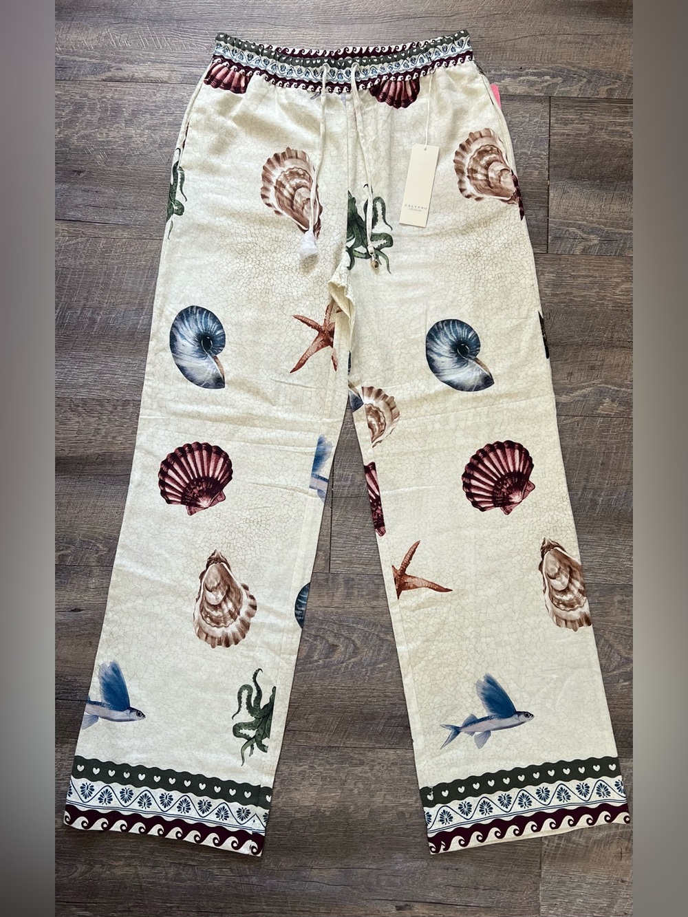 Calypso St Barth Linen Blend Wide Leg Pants Women Small Seashell Octopus 31" Leg